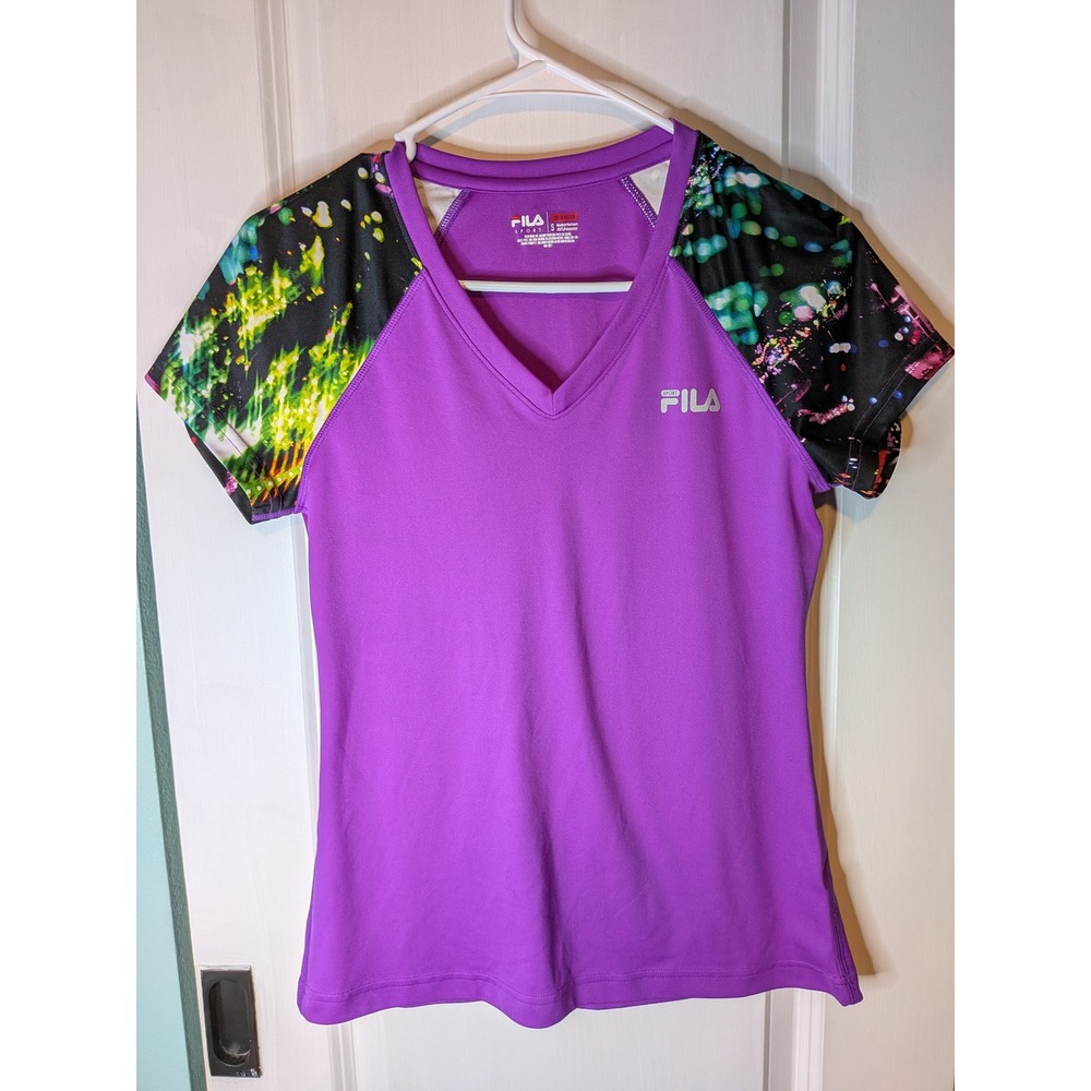 Fila Sport Womens Purple V-Neck Performance Tee Abstract Raglan Sleeve Size S
